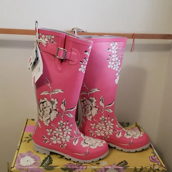 Joules Womans Pink W/ White Floral Print Rain Boots - Picture 2 of 11